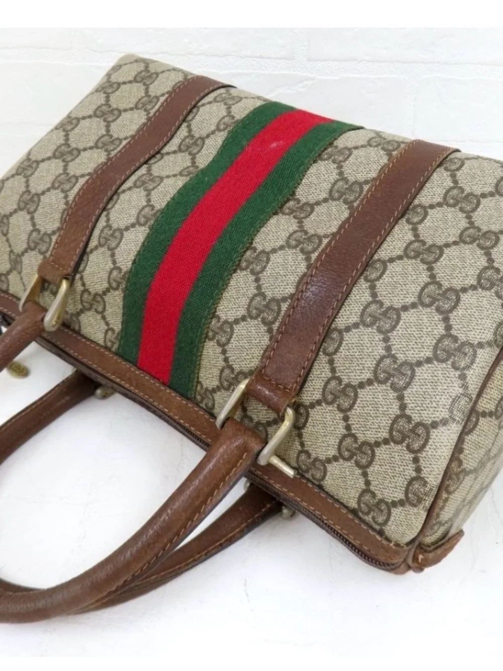 Authentic Gucci Supreme Sherry Web Boston Bag Brown Excellent Condition